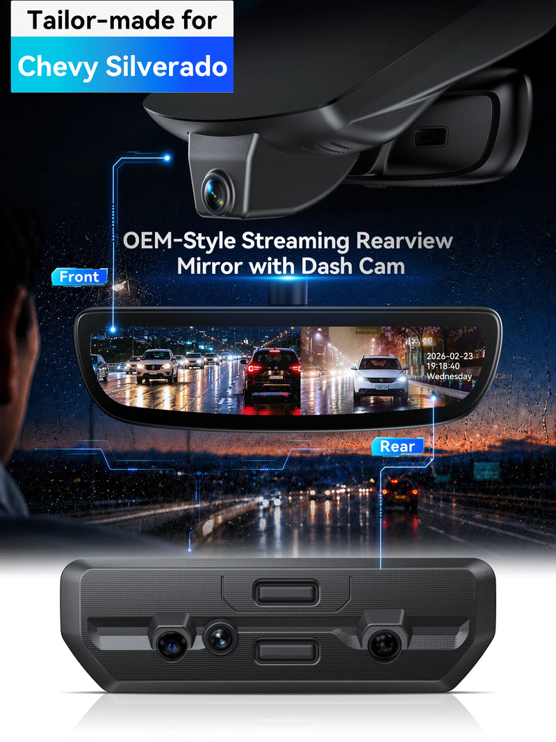 ovaman OEM‑Style Streaming Rearview Mirror with Dash Cam for Chevy Silverado– 60fps Dual Recording-1