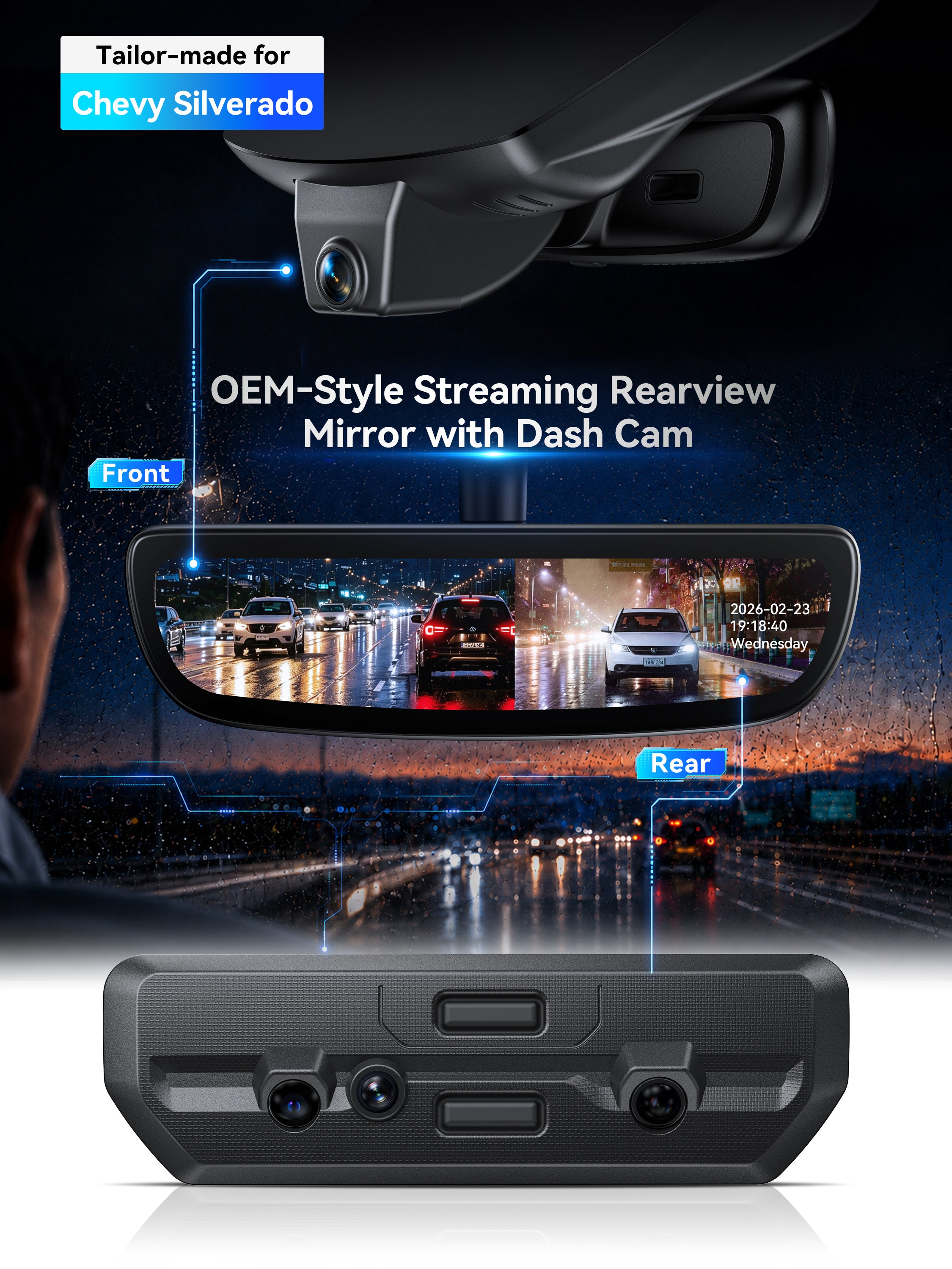 ovaman OEM‑Style Streaming Rearview Mirror with Dash Cam for Chevy Silverado– 60fps Dual Recording