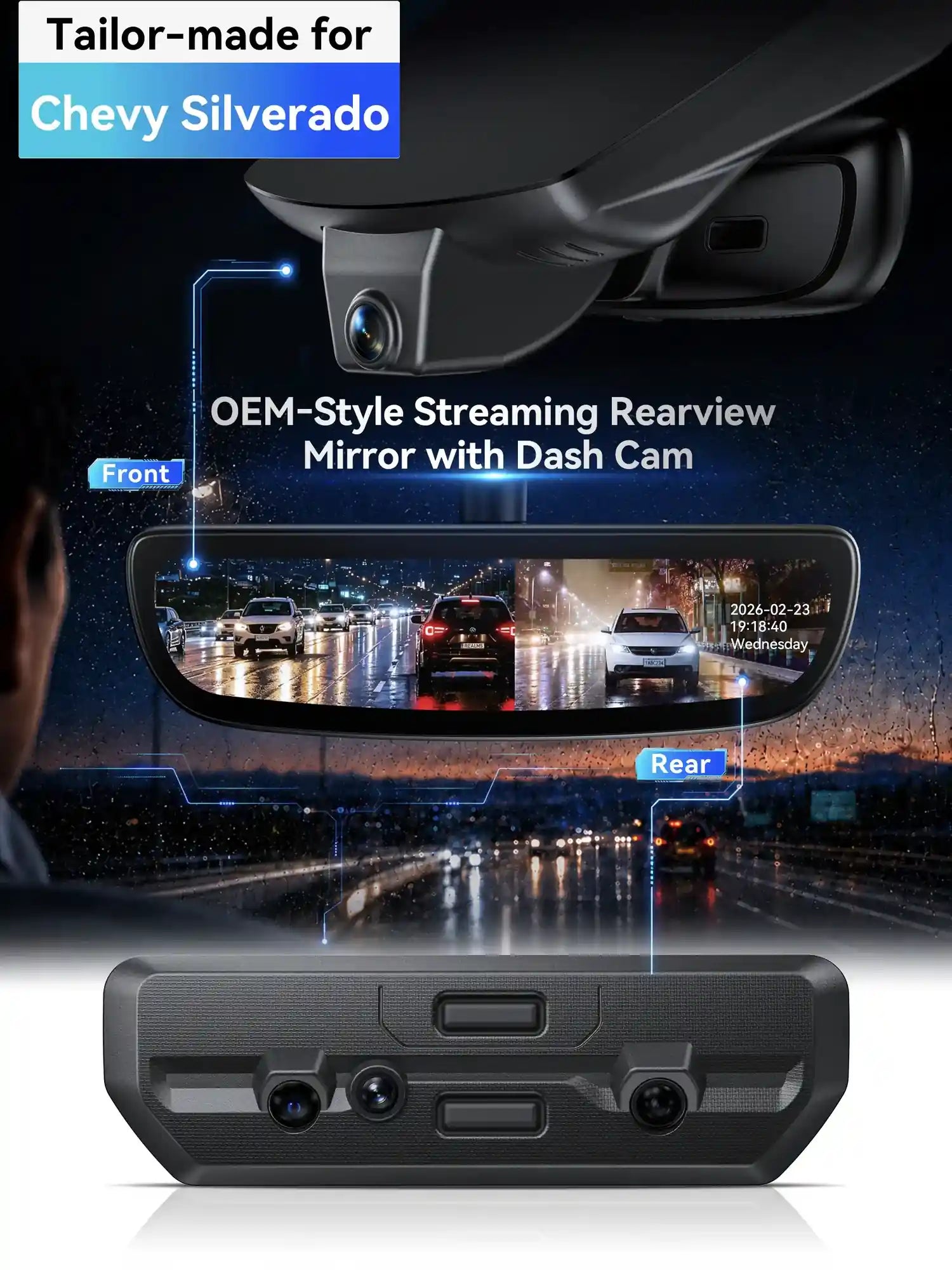 ovaman OEM‑Style Streaming Rearview Mirror with Dash Cam for Chevy Silverado