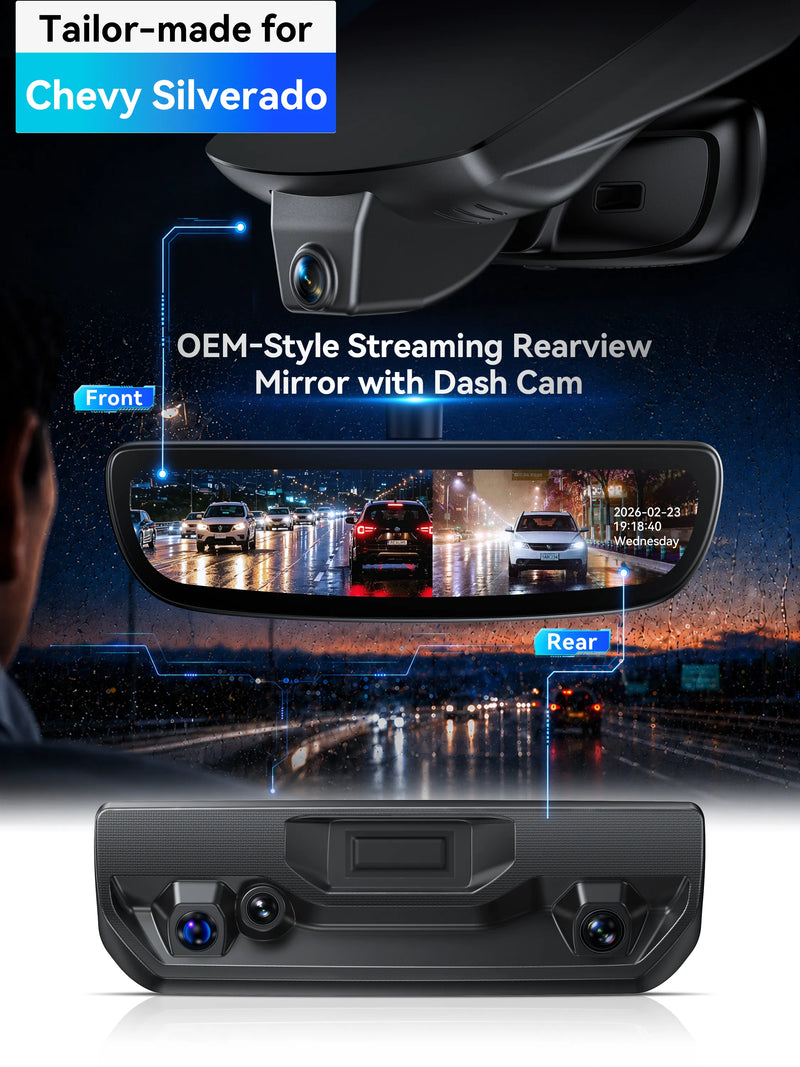 ovaman OEM‑Style Streaming Rearview Mirror with Dash Cam for Chevy Silverado (HD2-4925, 8 Vents)– 60fps Dual Recording-1