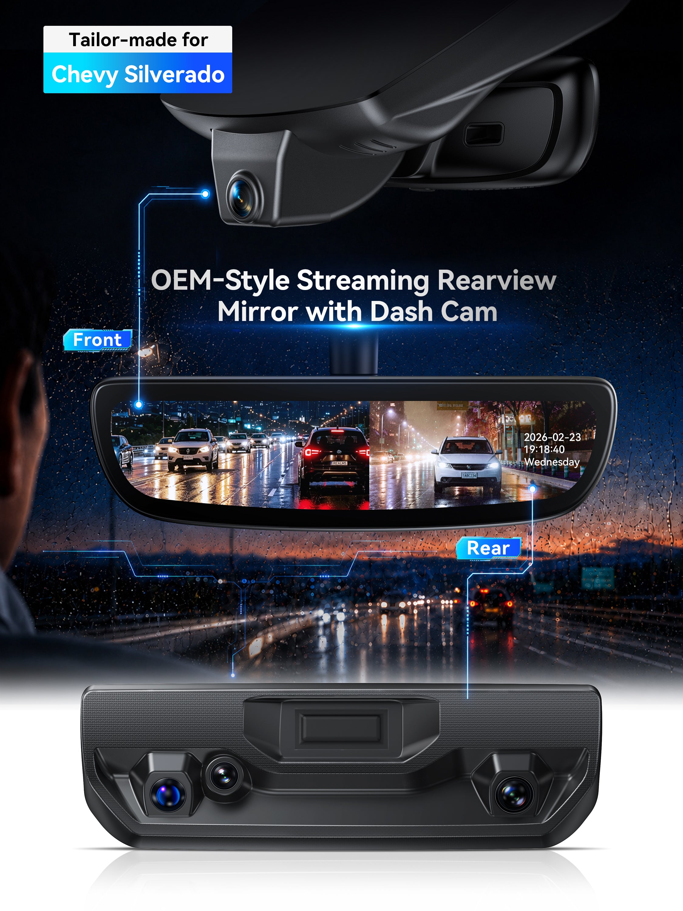 ovaman OEM‑Style Streaming Rearview Mirror with Dash Cam for Chevy Silverado (HD2-4925, 8 Vents)– 60fps Dual Recording