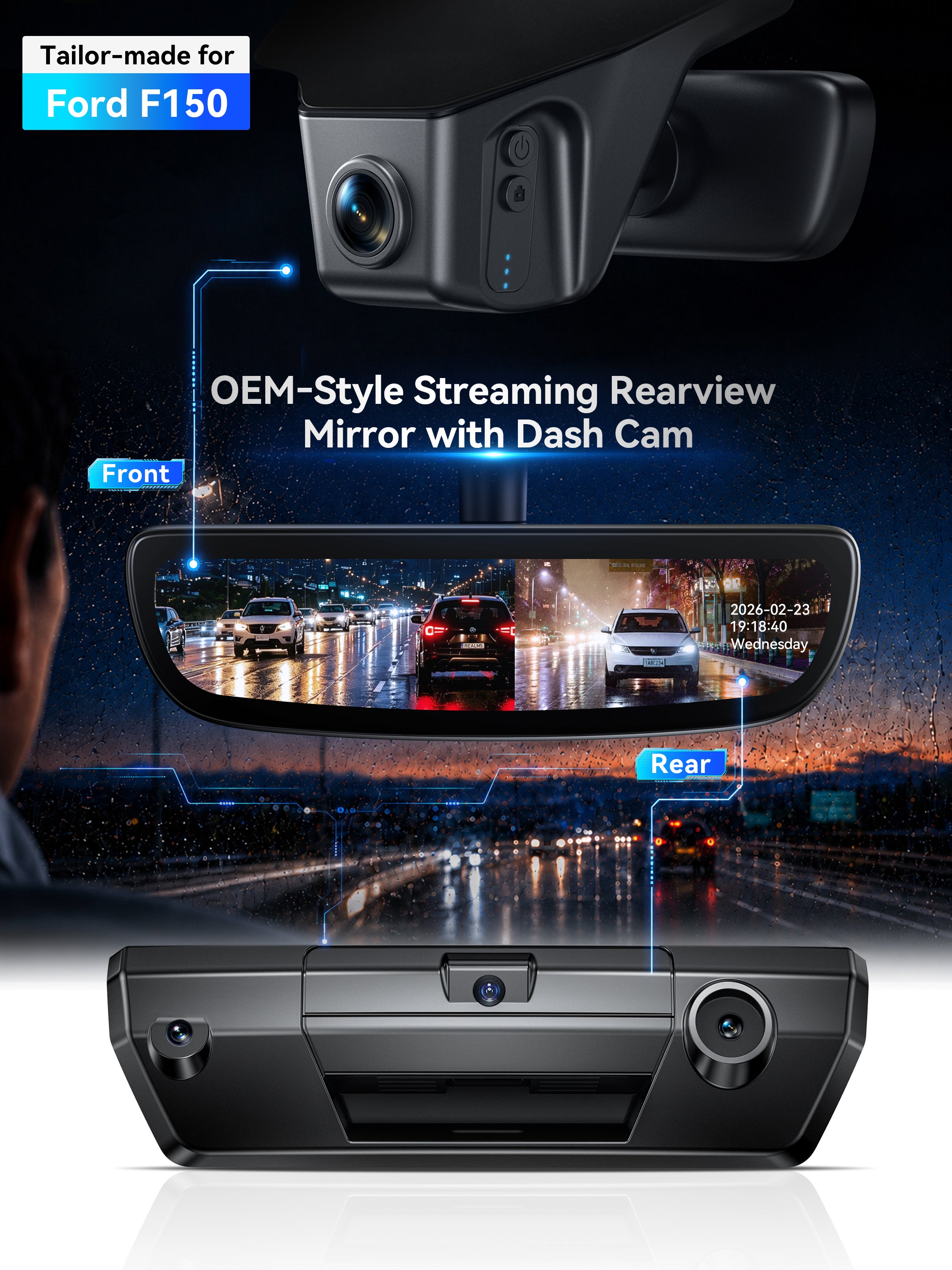 ovaman OEM‑Style Streaming Rearview Mirror with Dash Cam for Ford F‑150 – 1080p 60fps Full HD Dual Recording