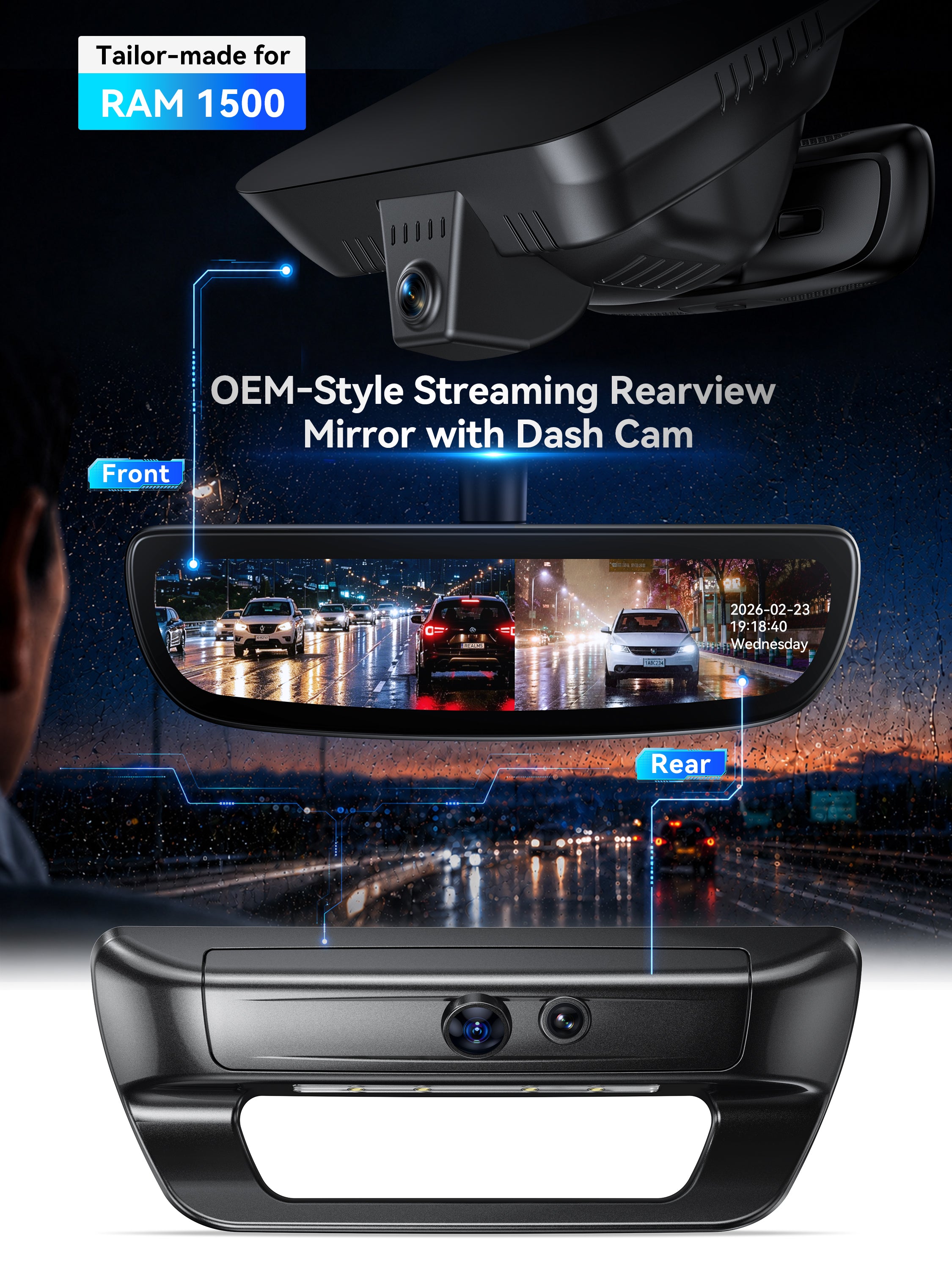 ovaman OEM‑Style Streaming Rearview Mirror with Dash Cam for RAM 1500 – 60fps Dual Recording