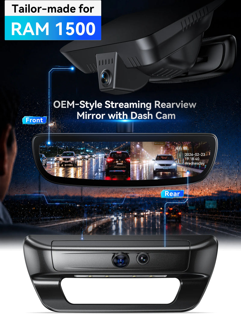 ovaman OEM‑Style Streaming Rearview Mirror with Dash Cam for RAM 1500 – 60fps Dual Recording-1