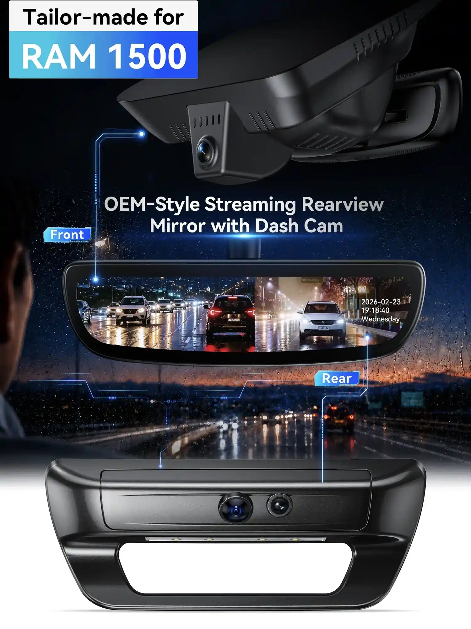 ovaman OEM‑Style Streaming Rearview Mirror with Dash Cam for RAM 1500