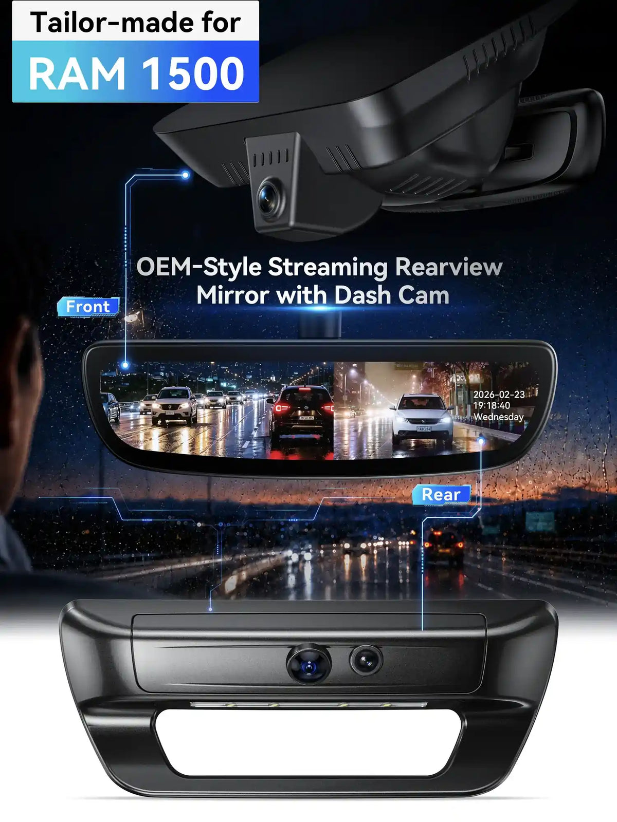 ovaman OEM‑Style Streaming Rearview Mirror with Dash Cam for RAM 1500-1