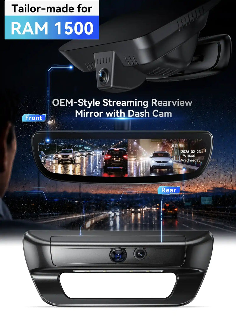 ovaman OEM‑Style Streaming Rearview Mirror with Dash Cam for RAM 1500-1