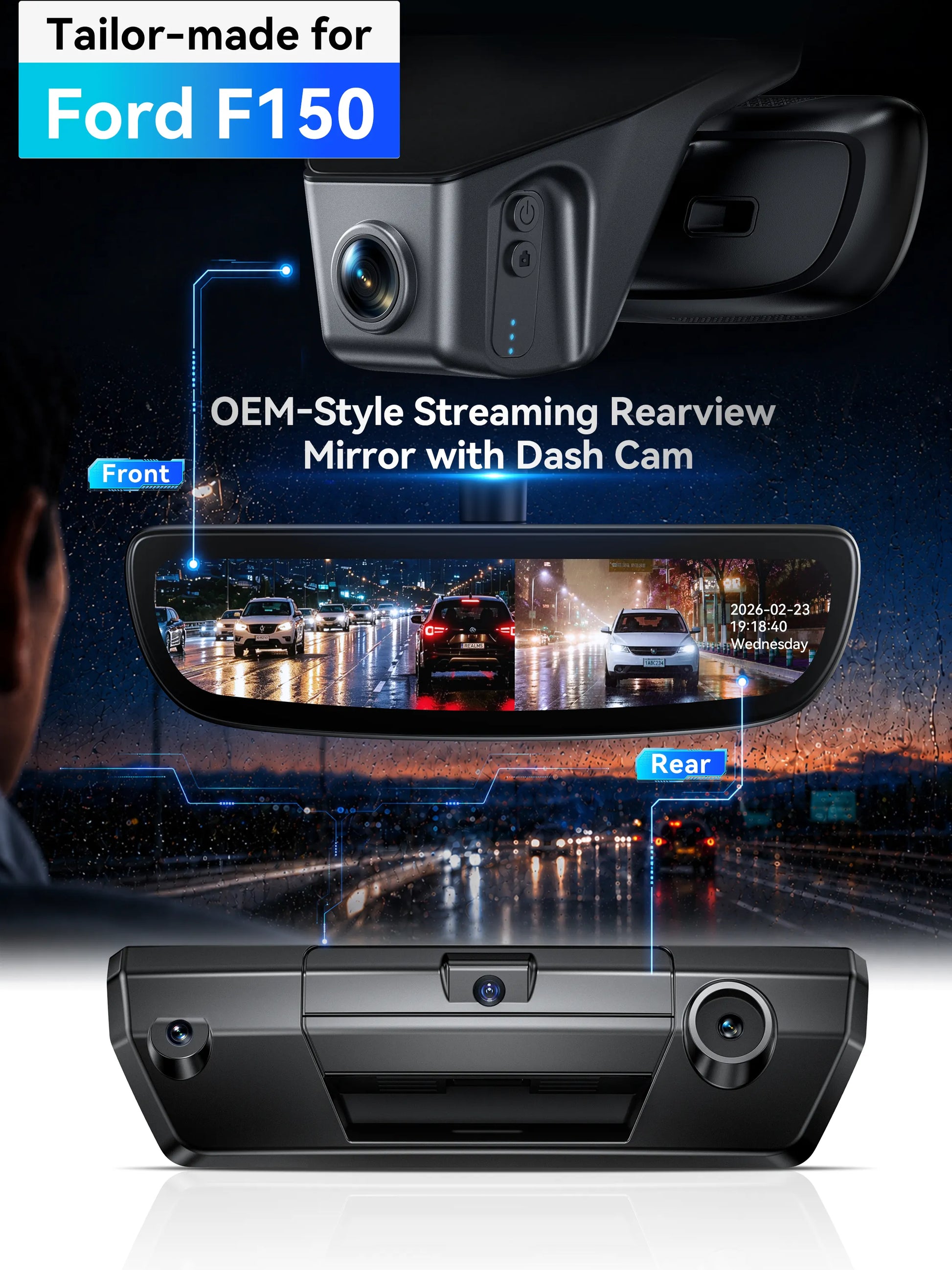 ovaman OEM‑Style Streaming Rearview Mirror with Dash Cam for Ford F‑150 – 60fps Dual Recording-1