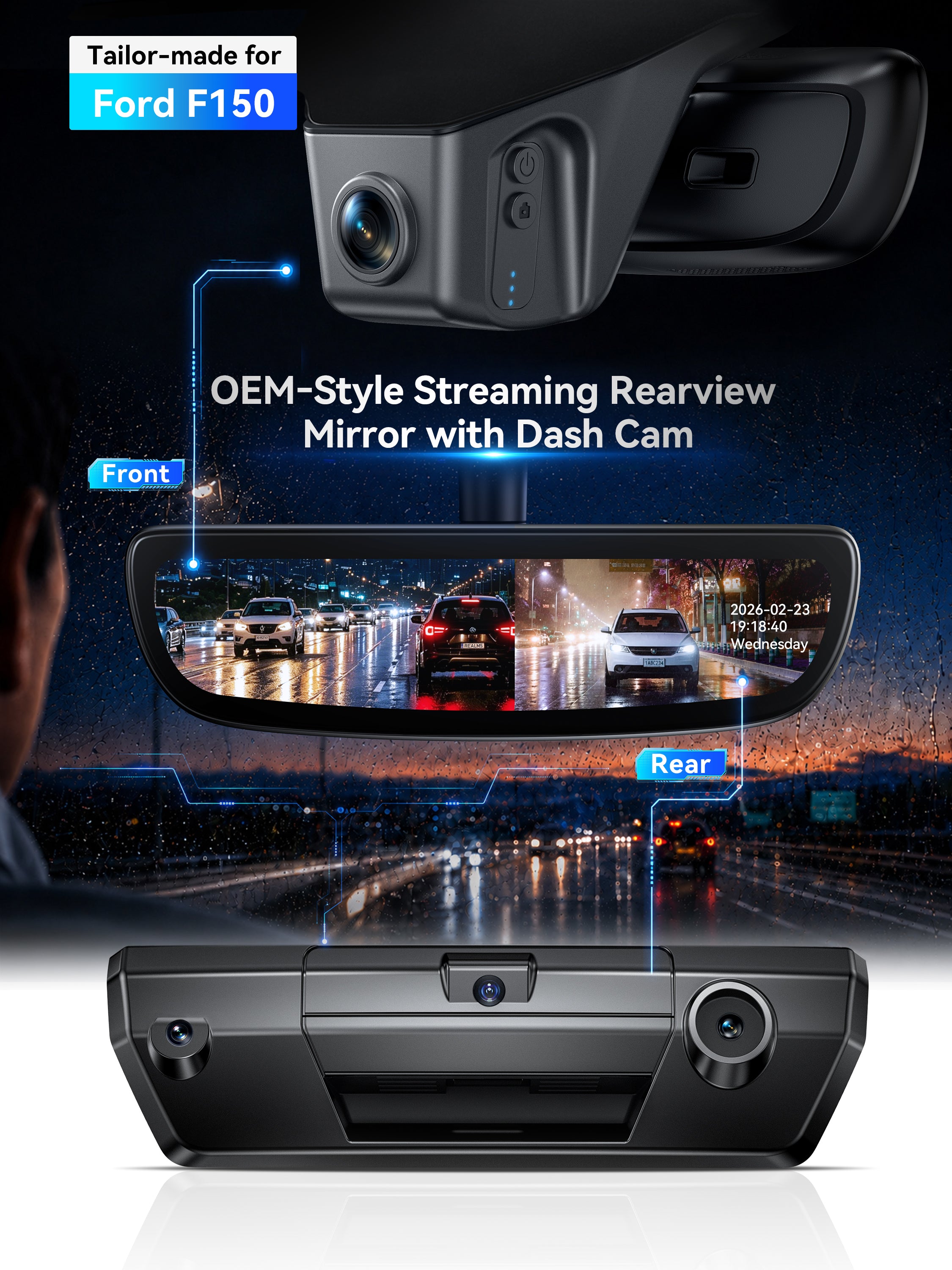 ovaman OEM‑Style Streaming Rearview Mirror with Dash Cam for Ford F‑150 – 60fps Dual Recording